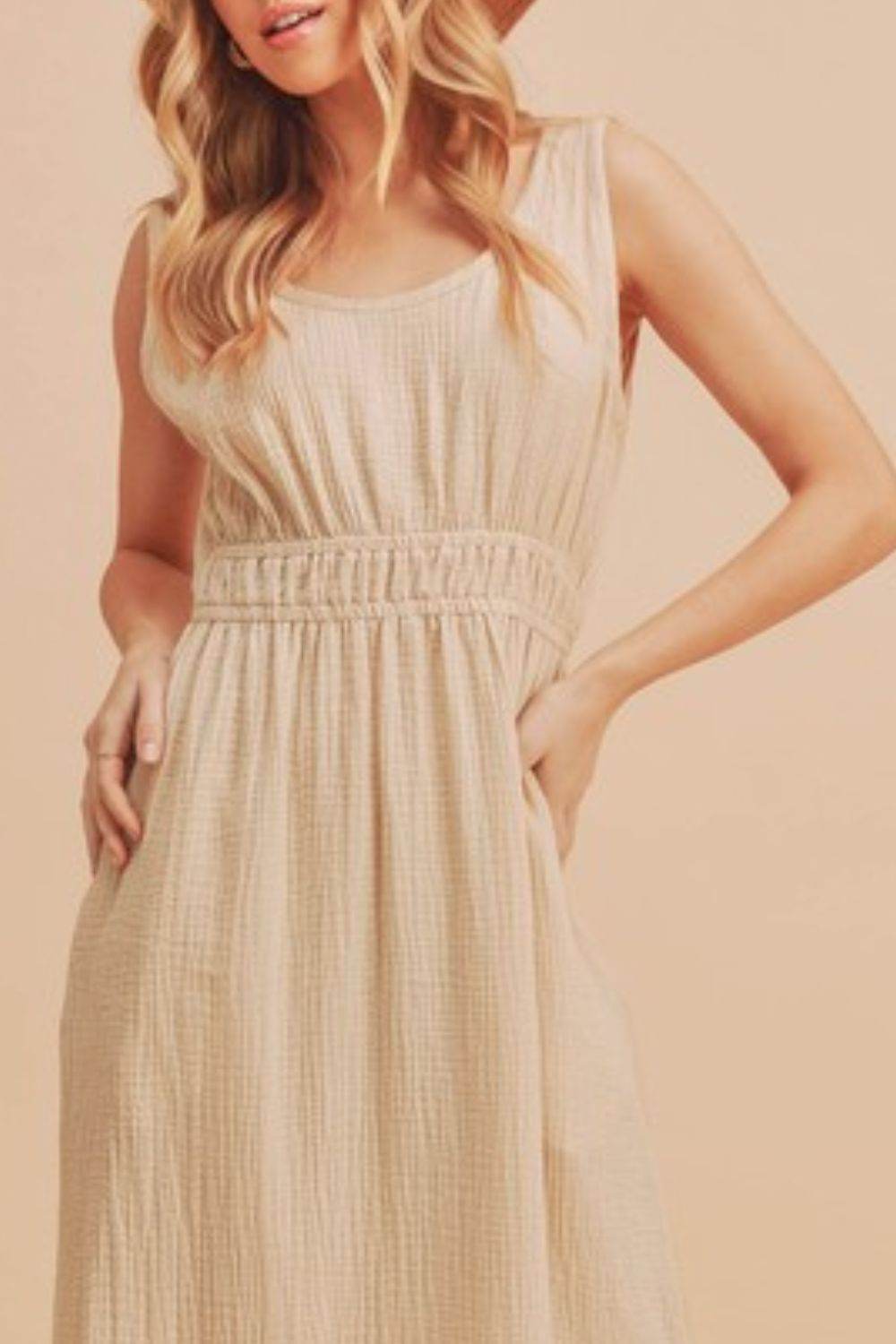 Aemi + Co Side Slit Round Neck Sleeveless Tank Dress in Oatmeal - us.meeeshop