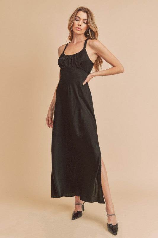 Aemi + Co Ruched Side Slit Cutout Back Maxi Cami Dress - us.meeeshop