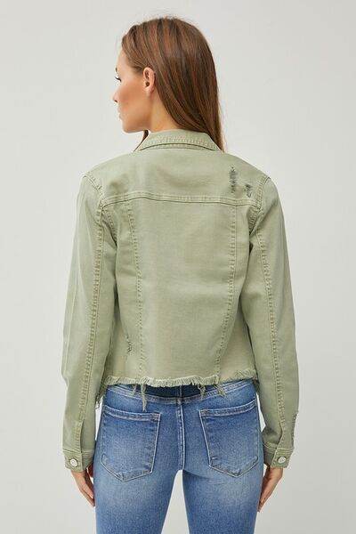 RISEN Raw Hem Button Up Cropped Denim Jacket Plus Size - us.meeeshop