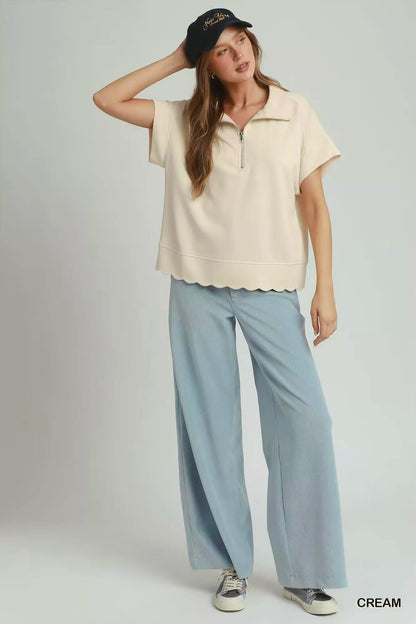 umgee half zip Umgee Half Zip Pullover with Scalloped Edge Hem view 4 (layer) - shop at us.meeeshop