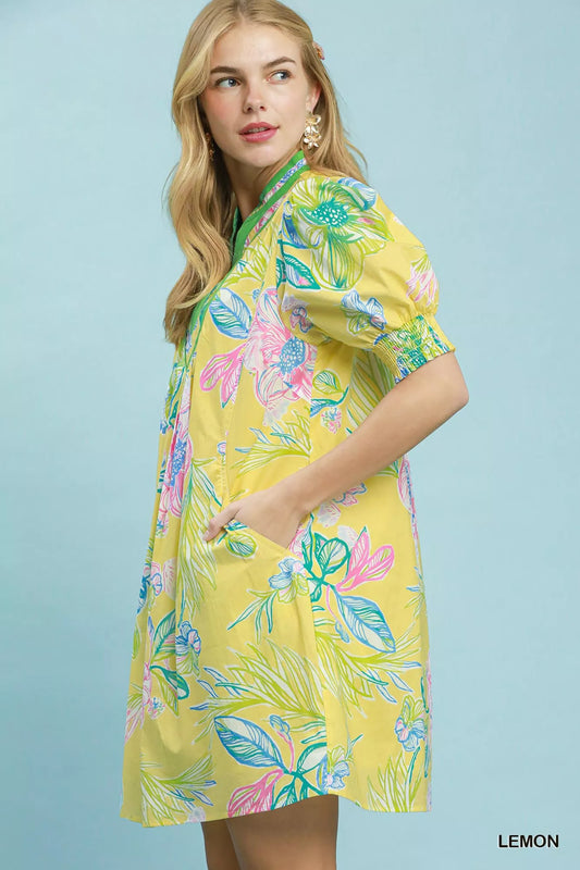 umgee botanical print Umgee Botanical Print Dress with Smocked Cuffs view 2 (dress) - shop at us.meeeshop
