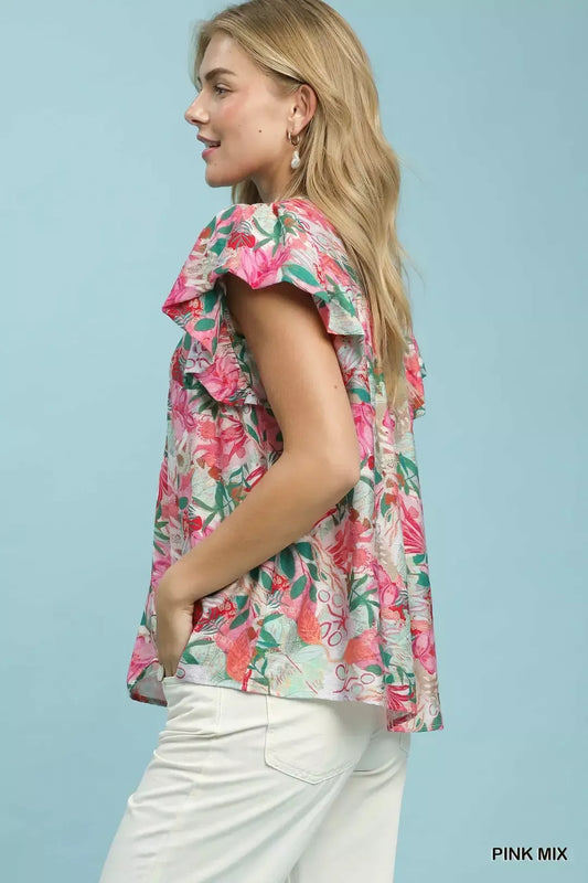 Umgee Mix Tropical Print Blouse with Ruffle Cap Sleeves (women's shirts & tops) view 2 - shop at us.meeeshop