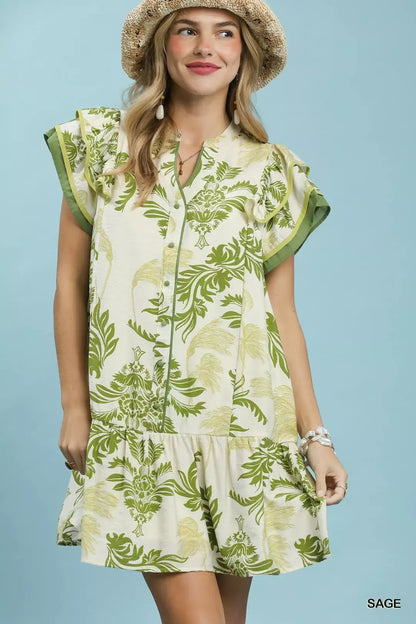 Umgee Toile Print Button-Front Placket Mini Dress with Dropped Ruffle Hem (women's dresses) - shop at us.meeeshop