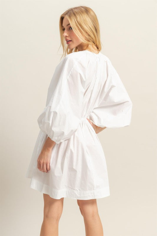 HYFVE Plunge Balloon Sleeve Poplin Mini Dress with Pockets - us.meeeshop