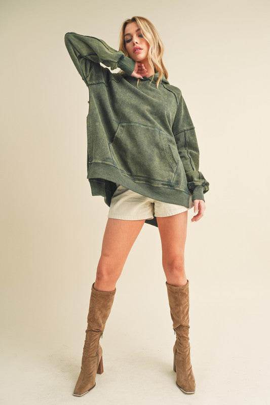 Aemi + Co Exposed Seam Side Slit Hoodie with Kangaroo Pocket in Army Green - us.meeeshop