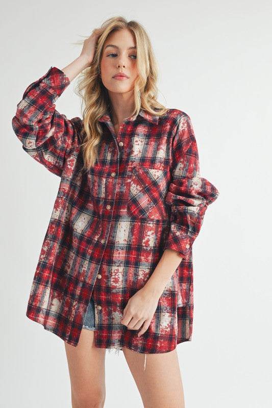 Aemi + Co Washed Plaid Button Up Raglan Sleeve Flannel Shirt in Scarlet - us.meeeshop