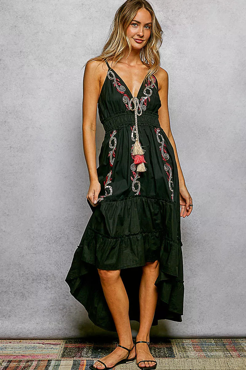 pol embroidered detail Pol Embroidered Detail Tassel Tie Smocked Waist Midi Tiered Cami Dress view 3 (dress) - shop at us.mee