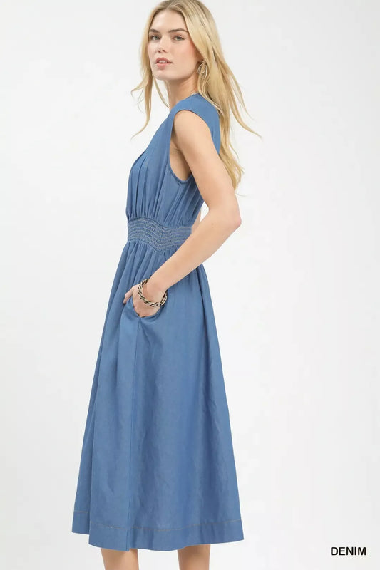 umgee denim sleeveless Umgee Denim Sleeveless Zip-front Smocked Waist Midi Dress view 2 (dress) - shop at us.meeeshop