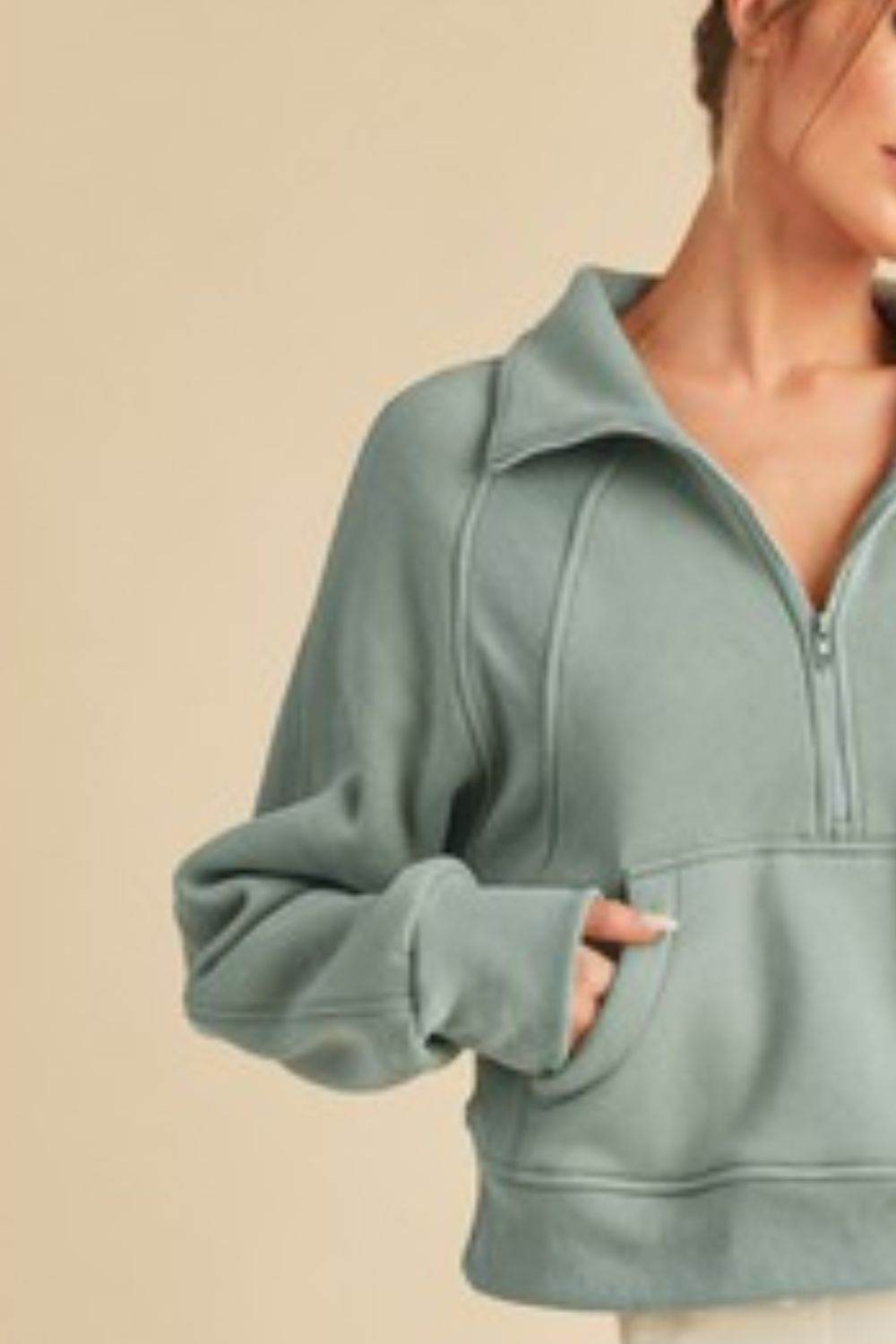 Aemi + Co Half Zip Raglan Sleeve Hoodie with Kangaroo Pocket in Pale Blue - us.meeeshop