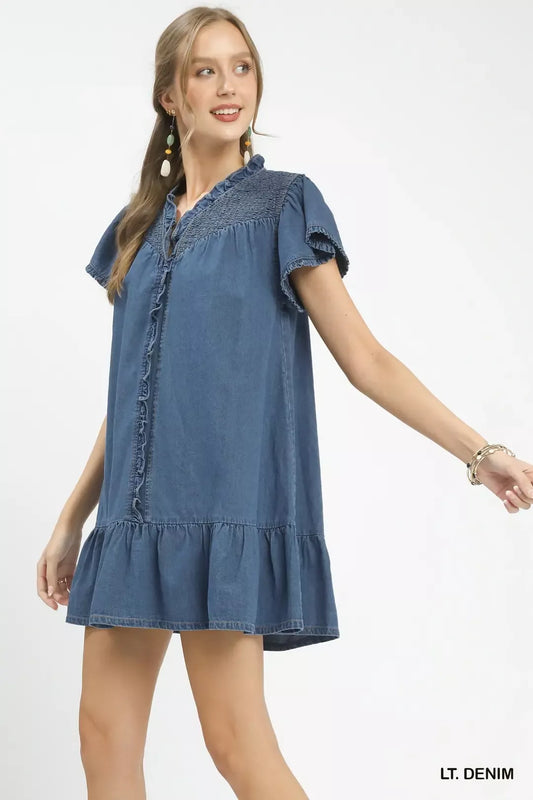Umgee Ruffled Washed Denim Dress (women's dresses) view 2 - shop at us.meeeshop