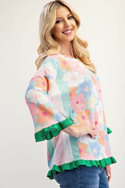 Celeste Floral Ruffle Hem Round Neck Blouse Plus Size - us.meeeshop