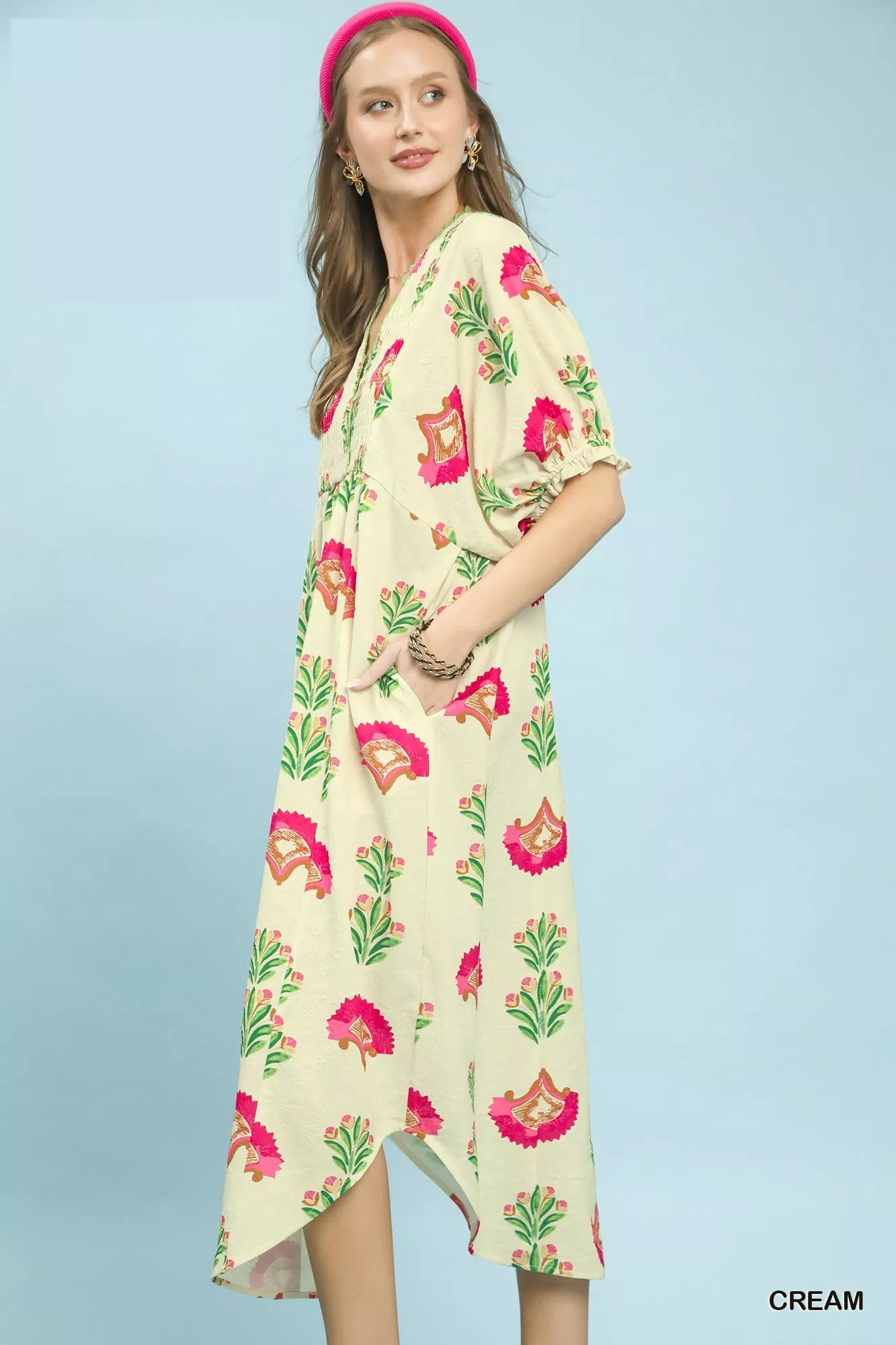 umgee abstract print Umgee Abstract Print V-neck Midi Dress view 3 (dress) - shop at us.meeeshop