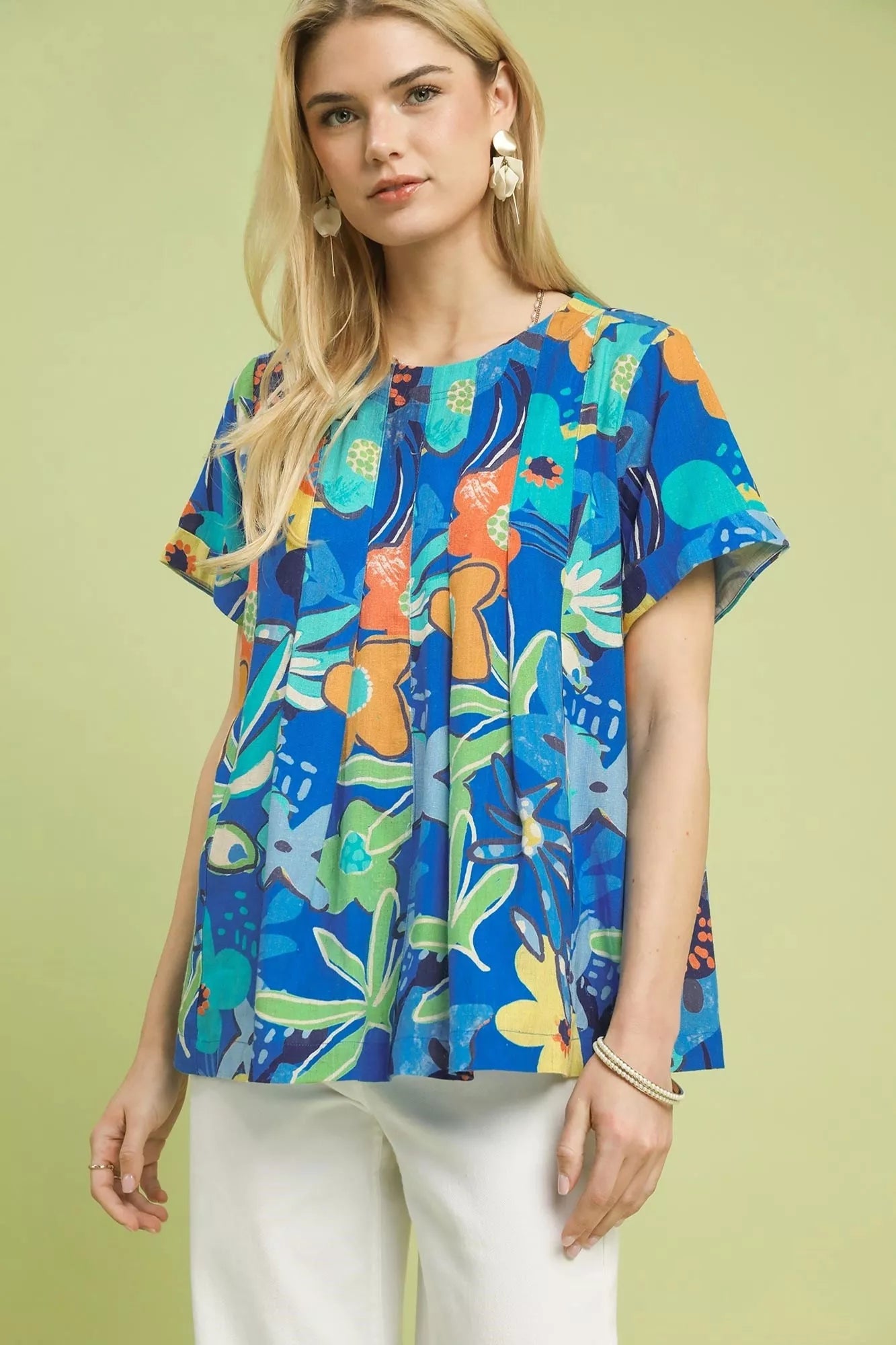 umgee abstract floral Umgee Abstract Floral Pleated Blouse CERULEAN (top) - shop at us.meeeshop