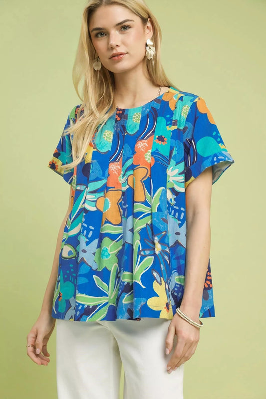 Umgee Abstract Floral Pleated Blouse (women's shirts & tops) - shop at us.meeeshop