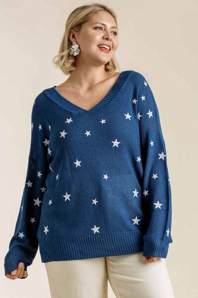 Umgee Star V-Neck Long Sleeve Sweater Plus Size - us.meeeshop