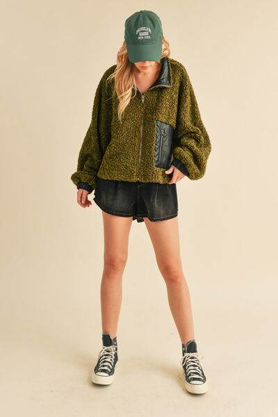 Aemi + Co Collared Neck Zip Up Sherpa Jacket - us.meeeshop