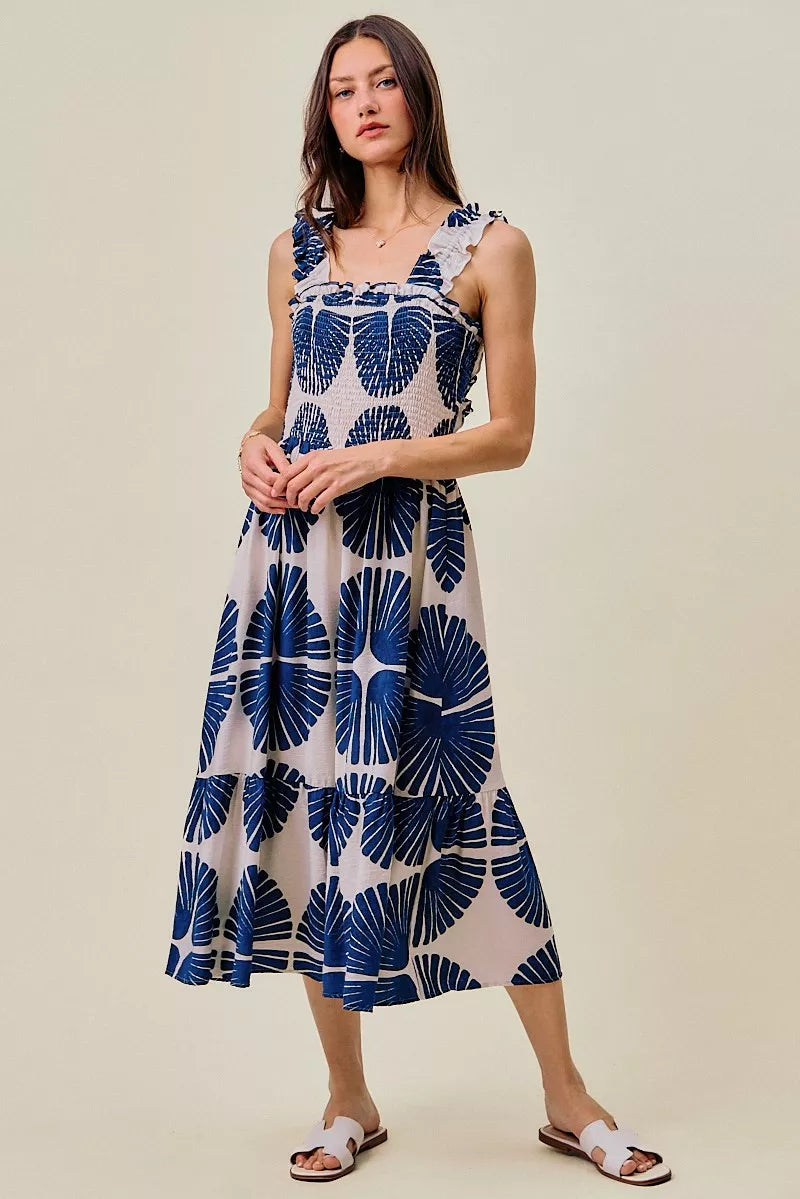 abstract print smocked So Me Abstract Print Smocked Bodice Tiered Lined Midi Dress NAVY (dress) - shop at us.meeeshop