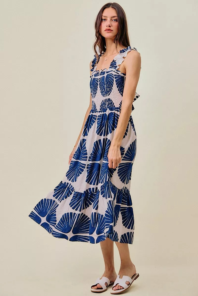 abstract print smocked So Me Abstract Print Smocked Bodice Tiered Lined Midi Dress view 10 (dress) - shop at us.meeeshop