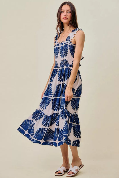 abstract print smocked So Me Abstract Print Smocked Bodice Tiered Lined Midi Dress view 10 (dress) - shop at us.meeeshop