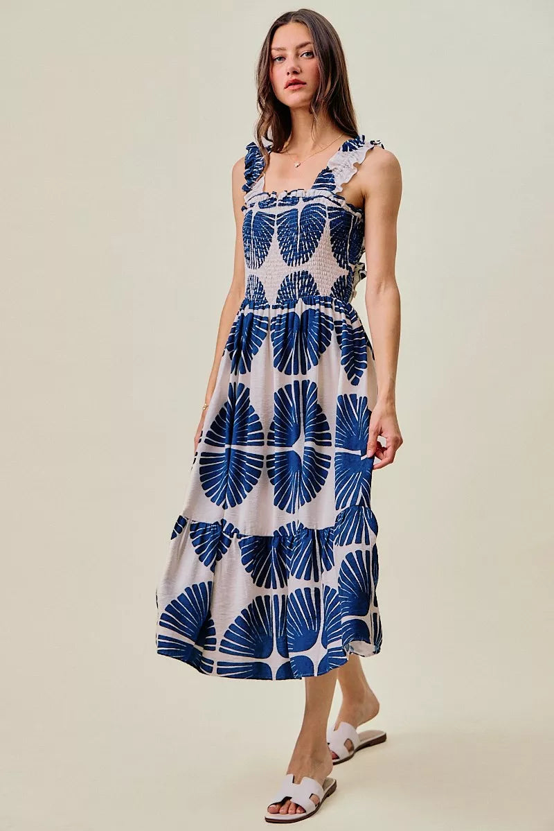 abstract print smocked So Me Abstract Print Smocked Bodice Tiered Lined Midi Dress view 11 (dress) - shop at us.meeeshop