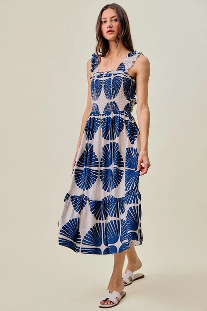 abstract print smocked So Me Abstract Print Smocked Bodice Tiered Lined Midi Dress view 11 (dress) - shop at us.meeeshop