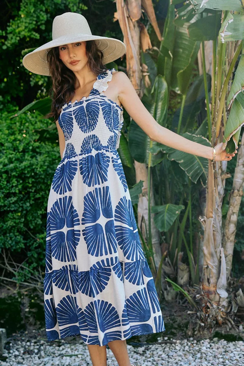 abstract print smocked So Me Abstract Print Smocked Bodice Tiered Lined Midi Dress view 12 (dress) - shop at us.meeeshop
