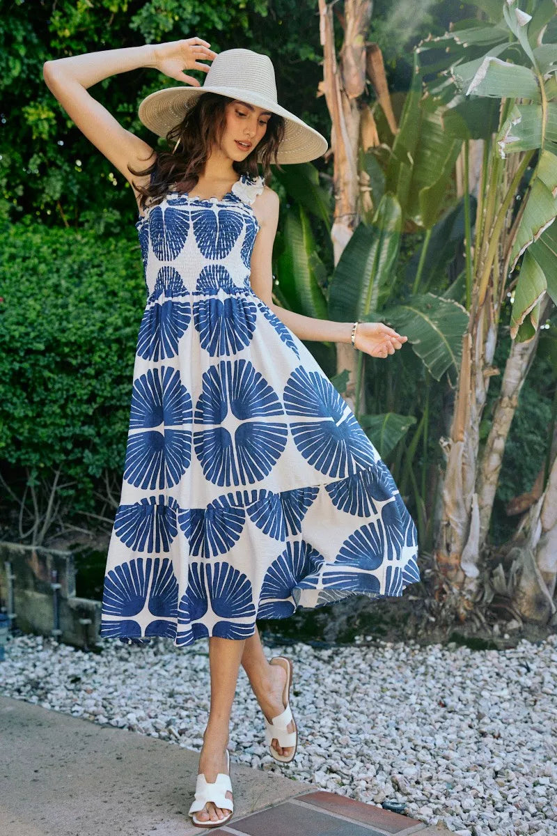 abstract print smocked So Me Abstract Print Smocked Bodice Tiered Lined Midi Dress view 16 (dress) - shop at us.meeeshop
