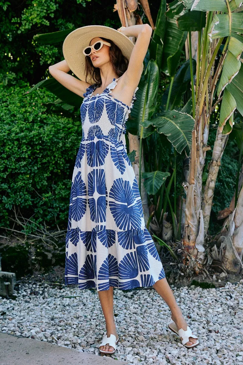 abstract print smocked So Me Abstract Print Smocked Bodice Tiered Lined Midi Dress view 17 (dress) - shop at us.meeeshop