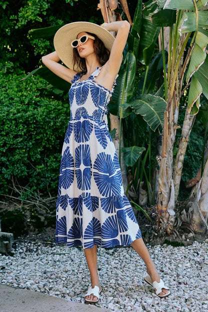 abstract print smocked So Me Abstract Print Smocked Bodice Tiered Lined Midi Dress view 17 (dress) - shop at us.meeeshop