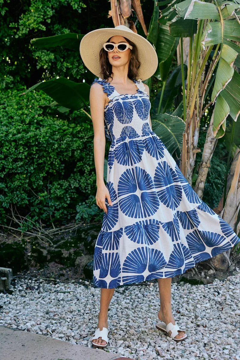 abstract print smocked So Me Abstract Print Smocked Bodice Tiered Lined Midi Dress view 18 (dress) - shop at us.meeeshop