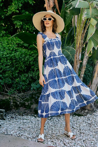 abstract print smocked So Me Abstract Print Smocked Bodice Tiered Lined Midi Dress view 18 (dress) - shop at us.meeeshop