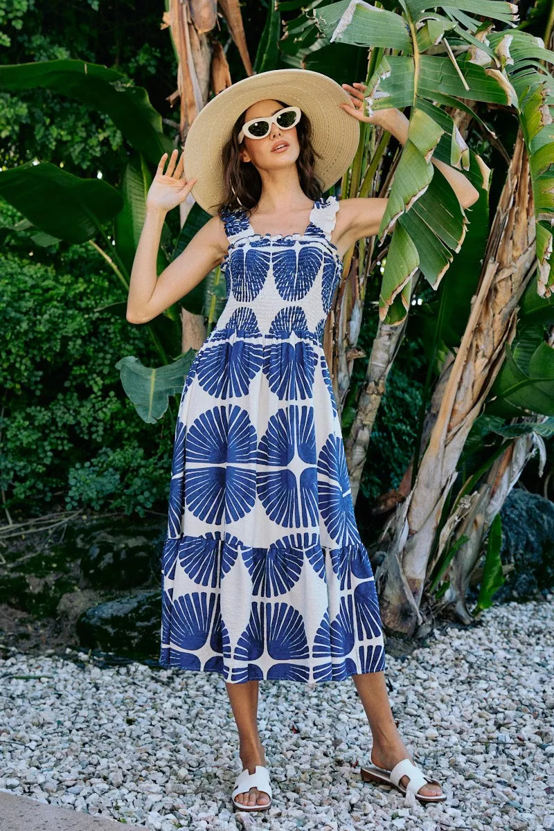 abstract print smocked So Me Abstract Print Smocked Bodice Tiered Lined Midi Dress view 19 (dress) - shop at us.meeeshop