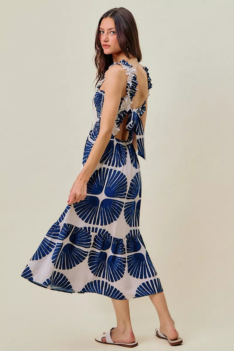 abstract print smocked So Me Abstract Print Smocked Bodice Tiered Lined Midi Dress view 2 (dress) - shop at us.meeeshop