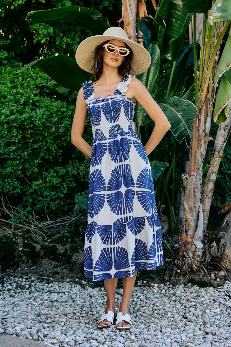 abstract print smocked So Me Abstract Print Smocked Bodice Tiered Lined Midi Dress view 20 (dress) - shop at us.meeeshop