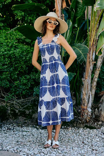 abstract print smocked So Me Abstract Print Smocked Bodice Tiered Lined Midi Dress view 20 (dress) - shop at us.meeeshop