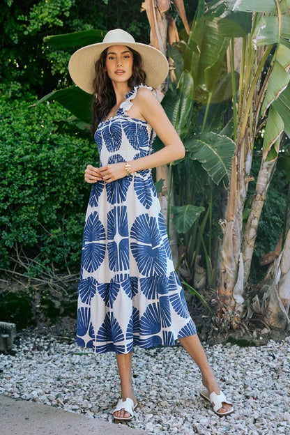 abstract print smocked So Me Abstract Print Smocked Bodice Tiered Lined Midi Dress view 21 (dress) - shop at us.meeeshop
