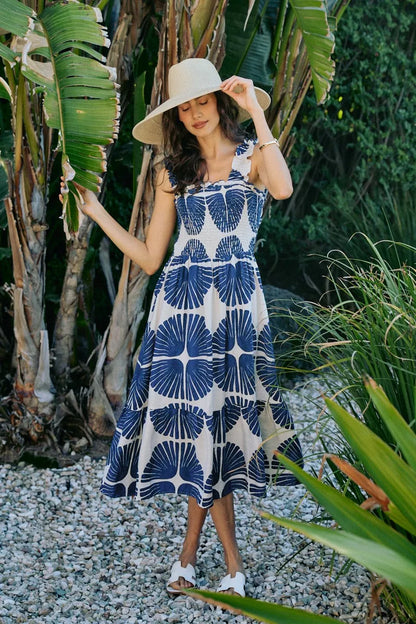 abstract print smocked So Me Abstract Print Smocked Bodice Tiered Lined Midi Dress view 22 (dress) - shop at us.meeeshop