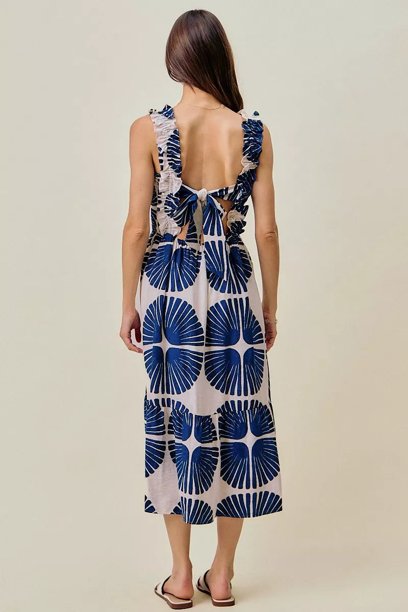 abstract print smocked So Me Abstract Print Smocked Bodice Tiered Lined Midi Dress view 3 (dress) - shop at us.meeeshop