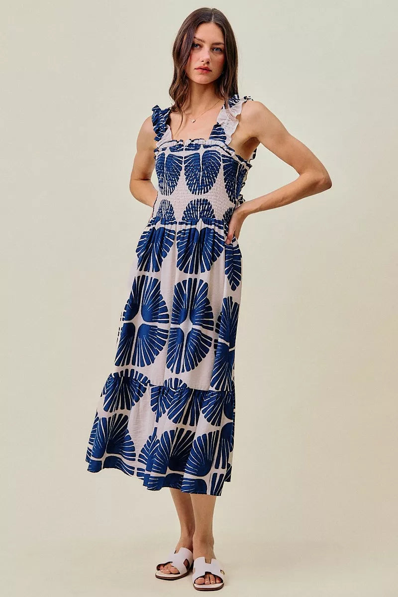 abstract print smocked So Me Abstract Print Smocked Bodice Tiered Lined Midi Dress view 4 (dress) - shop at us.meeeshop