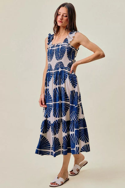 abstract print smocked So Me Abstract Print Smocked Bodice Tiered Lined Midi Dress view 5 (dress) - shop at us.meeeshop