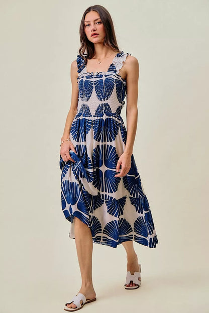 abstract print smocked So Me Abstract Print Smocked Bodice Tiered Lined Midi Dress view 6 (dress) - shop at us.meeeshop