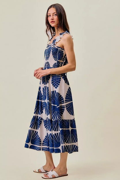 abstract print smocked So Me Abstract Print Smocked Bodice Tiered Lined Midi Dress view 7 (dress) - shop at us.meeeshop