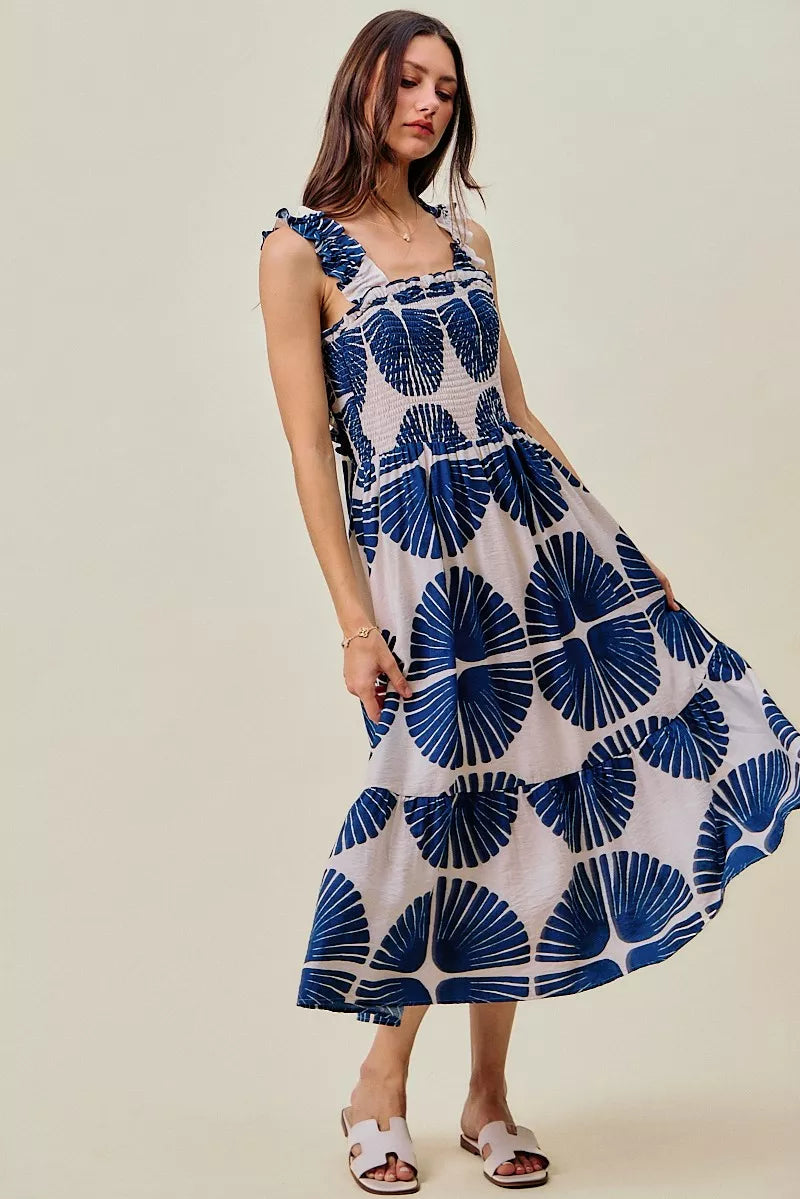 abstract print smocked So Me Abstract Print Smocked Bodice Tiered Lined Midi Dress view 8 (dress) - shop at us.meeeshop