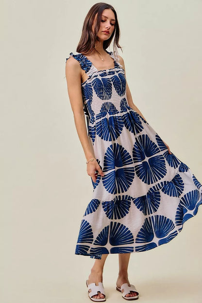 abstract print smocked So Me Abstract Print Smocked Bodice Tiered Lined Midi Dress view 8 (dress) - shop at us.meeeshop