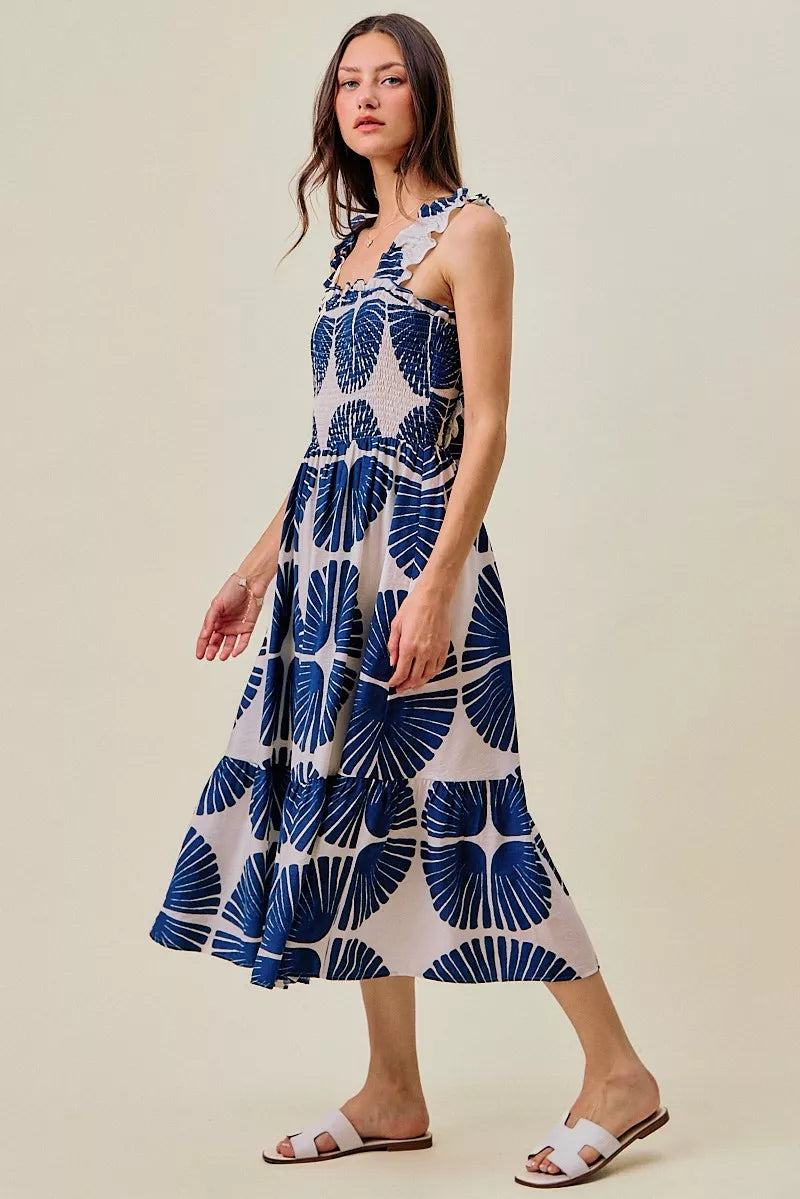 abstract print smocked So Me Abstract Print Smocked Bodice Tiered Lined Midi Dress view 9 (dress) - shop at us.meeeshop