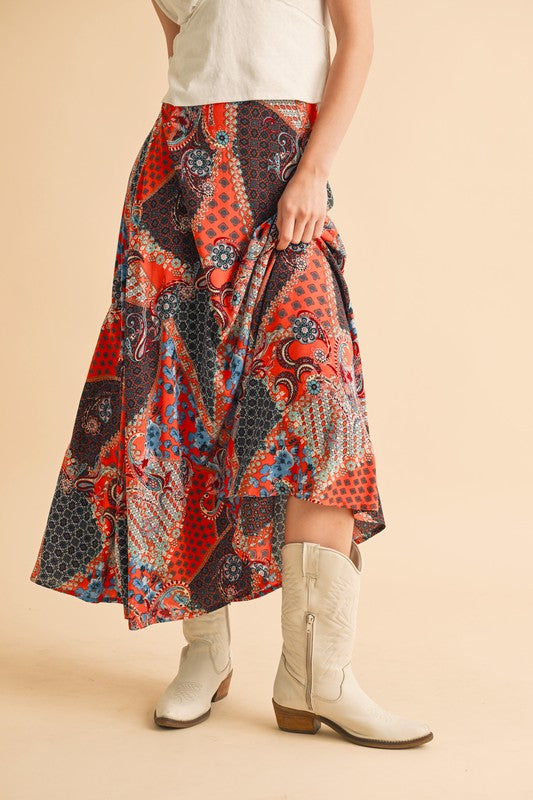 Aemi + Co Printed Maxi Skirt in Orange/Black - us.meeeshop