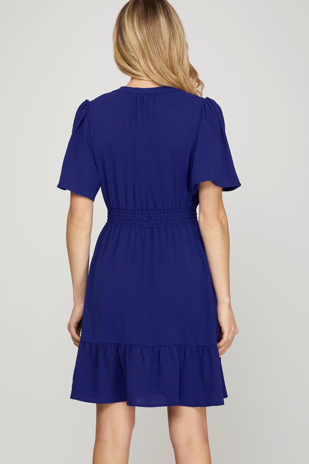 She + Sky Ruffled Hem Notched Flutter Sleeve Mini Dress in Navy - us.meeeshop