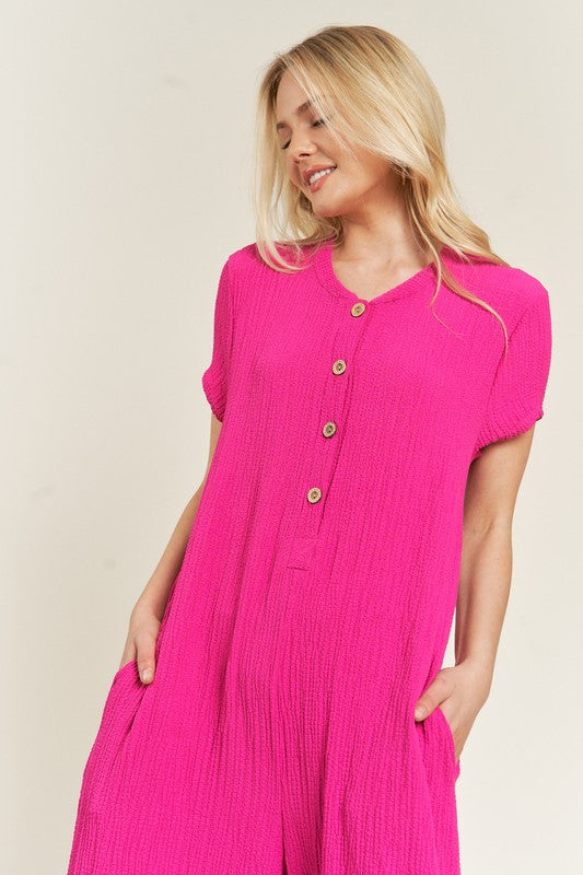 Textured Short Sleeve Jumpsuit us.meeeshop -  Jumpsuits & Rompers