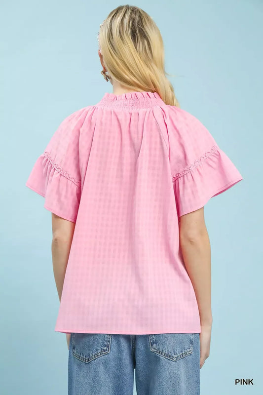 Umgee Gingham Puff Sleeve Top with Lace Trim (women's shirts & tops) view 2 - shop at us.meeeshop