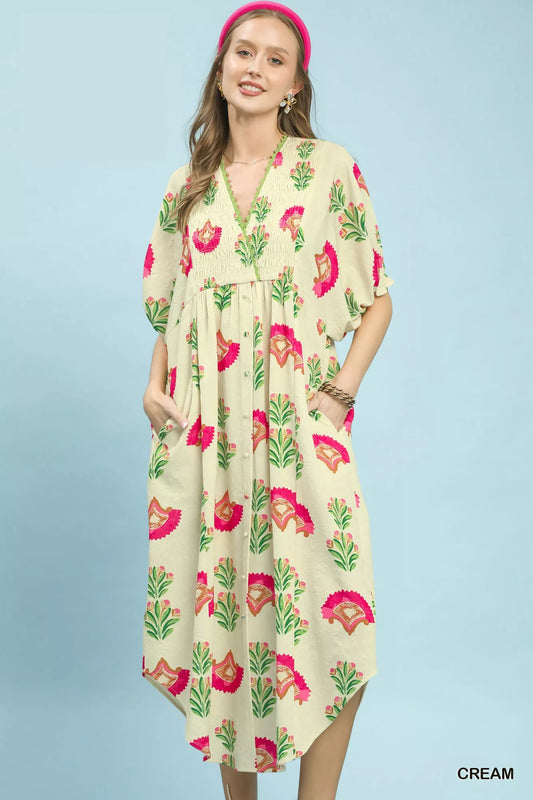 Umgee Abstract Print V-Neck Midi Dress (women's dresses) - shop at us.meeeshop